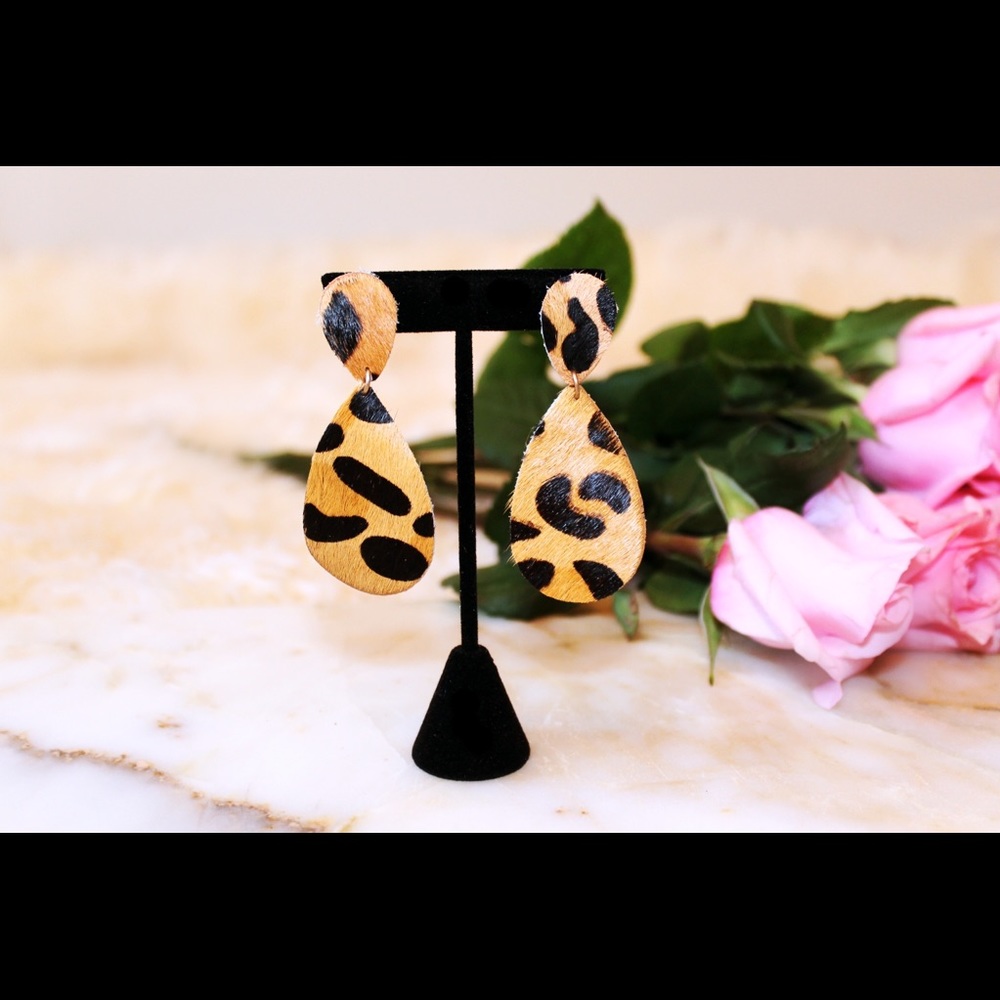 Leather Leopard Teardrop Earrings
